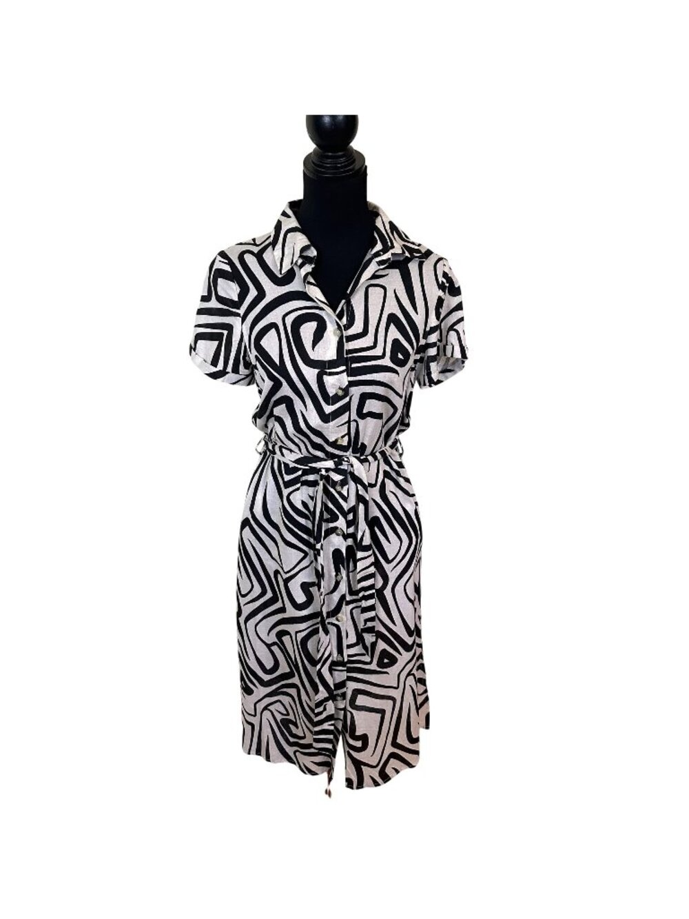 Japna Womens Midi Dress Black White Short Sleeve Full Button Shirt Belted Medium